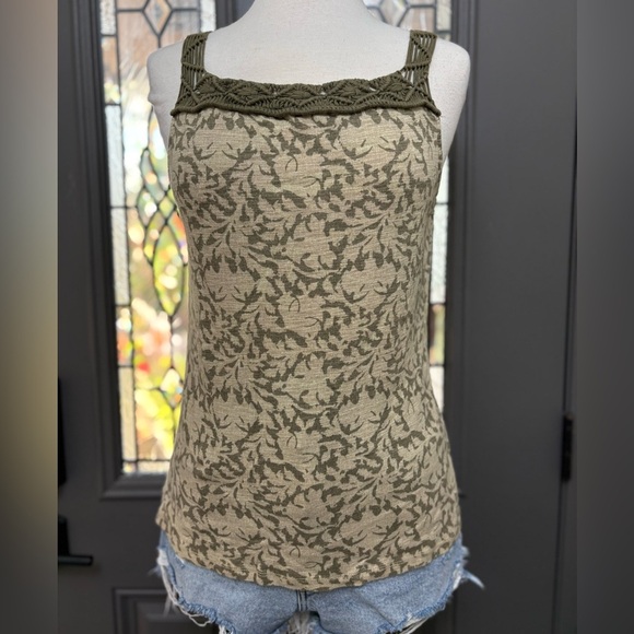 Lauren by Ralph Lauren Beige & Olive Pattern Crochet Macrame Tank Top Size XL - Picture 2 of 10